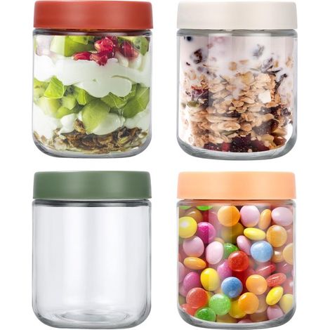 Lot de 4 bocaux en verre – 500 ml – Couvercles – Pour flocons d’avoine, conserves, yaourts – Préparation repas (1/5)