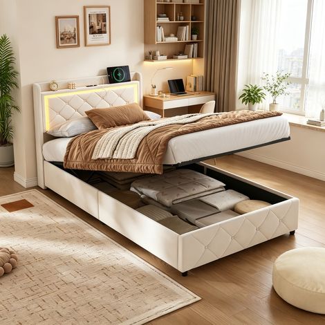 Lit coffre 90x200 cm avec sommier LED et USB, Lit simple capitonné avec tête de lit rangement et sommier à lattes, pour adultes et adolescents, Velours, Beige (1/5)