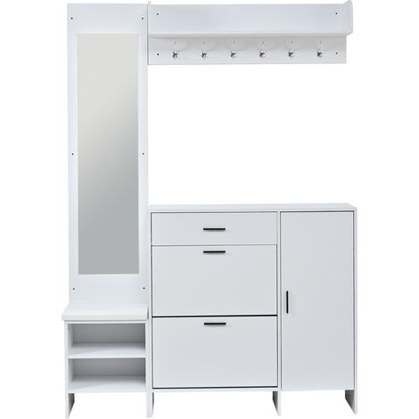 Armadio ingresso con scarpiera, specchio, panca e appendiabiti 140x30x200 cm MDF bianco HOMVRA (1/5)