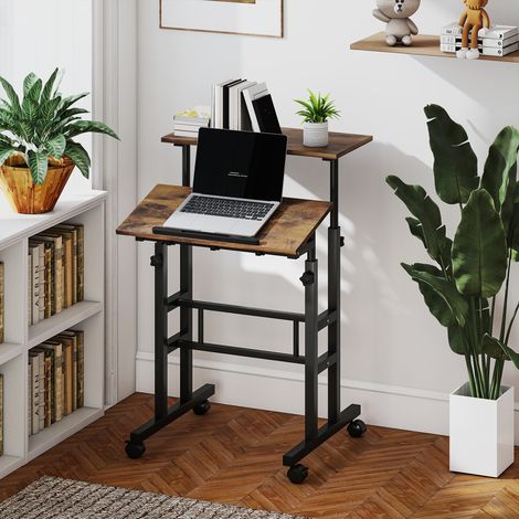 Escritorio regulable en altura, mesa de cocina con estante, ruedas, escritorio de ordenador rústico marrón, 60 x 60 x 70,5-120 cm (1/5)