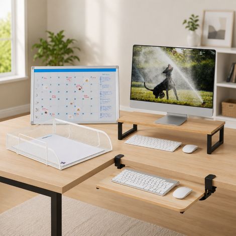 Ergonomic Workspace Set (4-Piece) - Monitor Riser, Whiteboard Planner & Keyboard Tray (1/5)