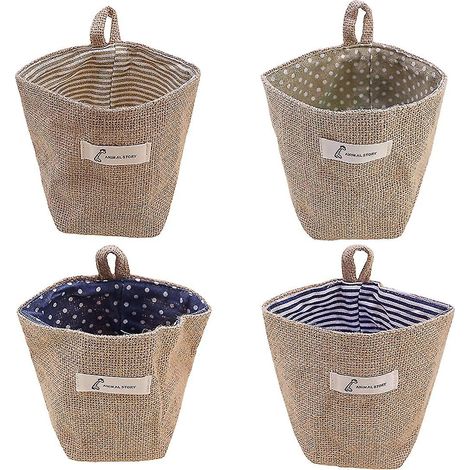 Lot de 4 sacs de rangement muraux, petits paniers de rangement en coton et lin, paniers suspendus pliables pour toute la famille (1/5)