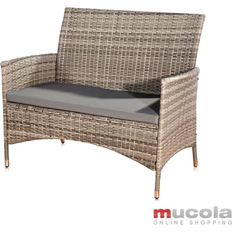 Mucola – Banc de jardin en polyrotin gris – Coussin amovible et lavable – Dimensions 108x51x89 cm – Résistant aux intempéries et facile à entretenir (1/5)