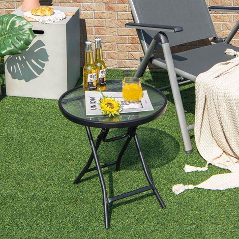Table d'appoint pliante ronde, plateau en verre trempé et cadre acier, pour jardin, terrasse ou balcon (1/5)