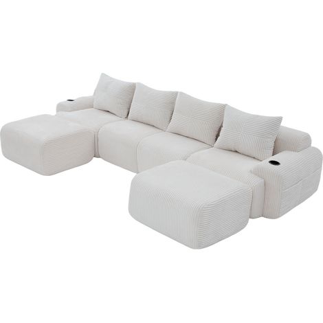 Canapé modulaire en velours côtelé pour 4 personnes (avec 2 poufs), modulable à volonté, avec porte-gobelet et poche de rangement latérale, idéal pour le salon, la salle familiale et d'autres pièces, (1/5)