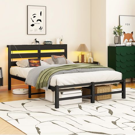 Lit simple 120x200 cm noir avec LED et USB, structure en métal et bois, sans matelas MEUBLIV (1/5)
