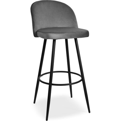 Tabouret de Bar 75 cm de Haut en Velours Gris Foncé, Pieds en Bois de Hêtre Massif, Chaise Haute Rembourrée Contemporaine et Confortable, Idéal Cuisine et Salle à Manger (1/5)