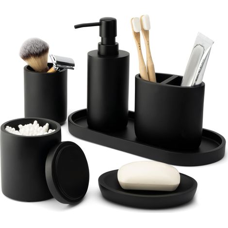 Lot d'accessoires de salle de bain 6 pièces, Noir mat, Pour salle de bain et décoration, Distributeur de savon, Porte-savon, Tasse, Accessoires de salle de bain (1/5)