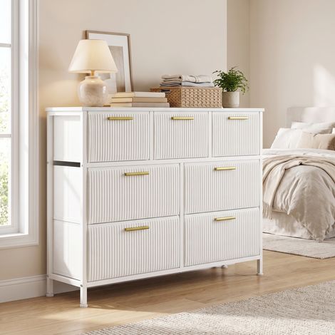 Commode 7 Tiroirs en Velours Côtelé, Meuble de Rangement Chambre, 98,7 x 30 x 74,7 cm, Blanc neige