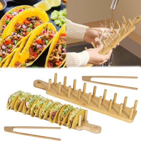2 Supports à Tacos en Bambou, 16 Fentes, Clip Inclus, Pour Sandwichs, Pain, Hot Dogs, Crêpes