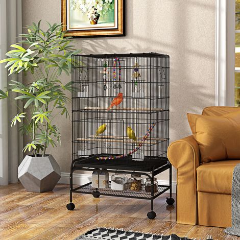 Vogelkäfig mit Spielbereich, Rollen, herausnehmbarer Schale und Ablage, 64 x 45 x 110 cm, Schwarz (1/5)