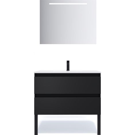 Meuble de salle de bain suspendu vasque intégrée 90cm 2 tiroirs Noir + miroir - Hudson (1/5)