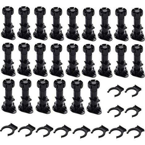 Set of 24 adjustable, black, thick plastic furniture feet with mounting clips for kitchen or bathroom furniture, wardrobes and sofas (120-150 mm) (1/5)