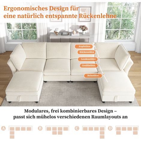 Canapé d'angle modulaire en U ou L, convertible 6 places avec pouf de rangement, design nuage, tissu velours côtelé, idéal salon, appartement et chambre, beige (1/5)