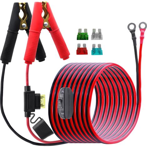 Câble alligator de batterie à clip vers borne torique avec interrupteur et fusible 20 A, borne torique 14AWG 12 V-24 V sur batterie pinces crocodiles câble pour onduleur (3 M/avec (1/5)