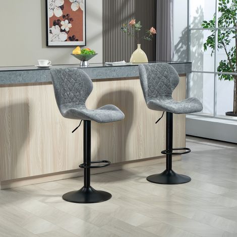 2er-Set drehbare Barhocker – mit Rückenlehne, Fußstütze – Stahlgestell – höhenverstellbar – Chenille-Optik – dunkelgrau