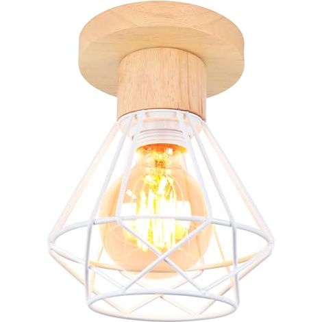 Industrielle Deckenleuchte, 16 cm, Vintage-Leuchte, E27, Retro-Kronleuchter, Pendelleuchte im Käfigdesign aus Eisen und Holz, weiße Deckenlampe für Eingangsbereich, Flur, Schlafzimmer, Küche, 1 Packun