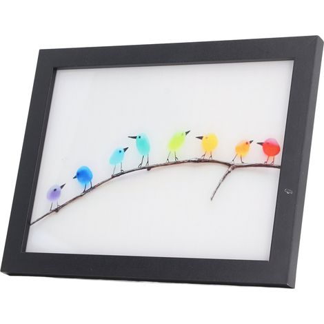Wanddeko „Regenbogenvögel aus Treibglas“, bunte Vogelkunst aus Treibglas, Fotorahmen aus Treibglas mit Holzrahmen (1/5)