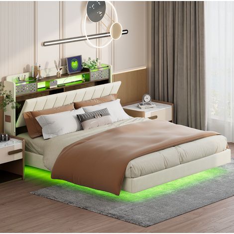 Cama tapizada moderna 160x200 cm beige, con cabecero con almacenaje, USB, LED y somier de láminas (1/5)