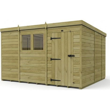 11ft x 9ft Pent Garden Shed Single Door With Windows - Pressure Treated Timber - L335 x W274 x H210 cm - Natural