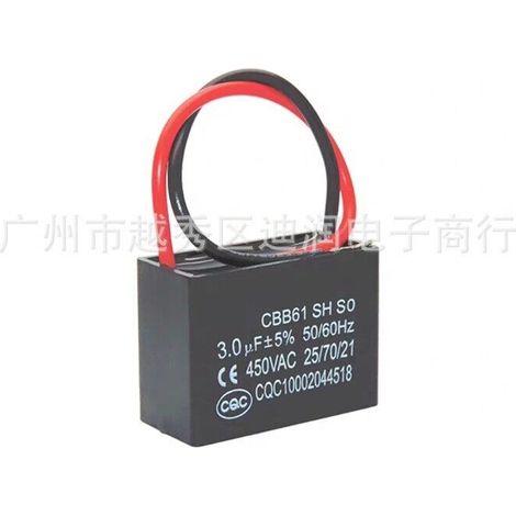 [Lot de 2] Condensateur de démarrage CBB61 3 µF 450 V avec fil conducteur - Condensateur de fonctionnement pour hotte aspirante/ventilateur d'extraction/ventilateur de plafond domestique, 3 µF, prêt à