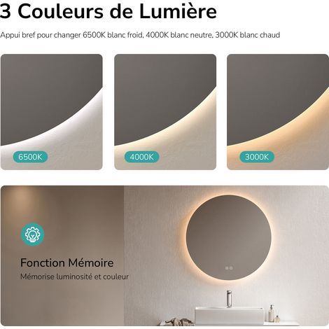 EMKE Miroir de salle de bain rond LED avec rétro-éclairage sans cadre Interrupteur tactile - Diamètre 80cm  Lumière Blanche Froide/Chaude/Neutre
