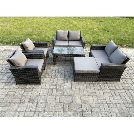 Fimous 7 Seater Dark Grey Mixed High Back Rattan Sofa Set Coffee Table Garden Furniture Outdoor Patio With Love Sofa Arm Chairs Big footstool (1/5)
