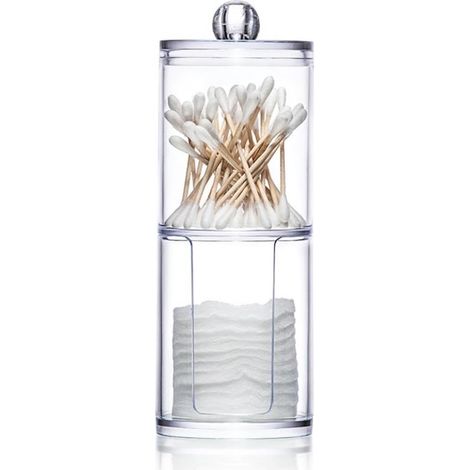 Récipient organisateur à deux niveaux - Distributeur en plastique pour disques de coton à maquillage et coton-tiges – Transparent (1/5)