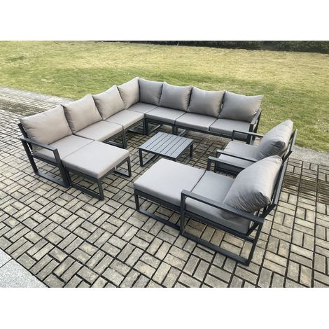 Fimous Aluminium Outdoor Garden Furniture Set Lounge Corner Sofa 2 Pcs Chair Square Coffee Table Sets with 2 Big Footstools Dark Grey (1/5)