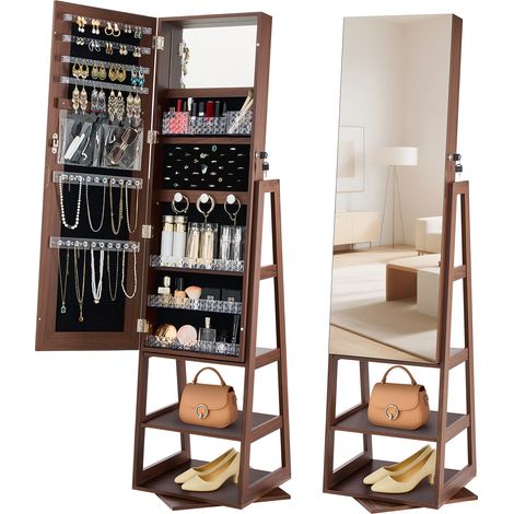 VEVOR Armadietto Portagioie Girevole, Altezza 1550 mm, Organizzatore con Specchio a Figura Intera e Spazio di Archiviazione, 2 Chiavi, Tasche per Accessori e Scomparti di Archiviazione