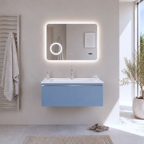 Meuble De Salle De Bain Suspendu 80 Cm 1 Tiroir Bleu Pastel Mat Avec Lavabo En Céramique Seattle (1/5)
