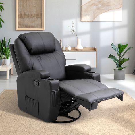 Poltrona Massaggiante Reclinabile 165° Manuale, Poltrona Relax Girevole con Funzione Dondolo, 2 Portabicchieri, Telecomando, Poggiapiedi e 4 Tasche Laterali, in Pelle PU, Nero (1/5)