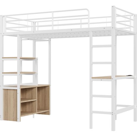 Cama alta 90 x 200 cm con escritorio, USB, estantes y almacenaje, estructura de metal blanco (1/5)