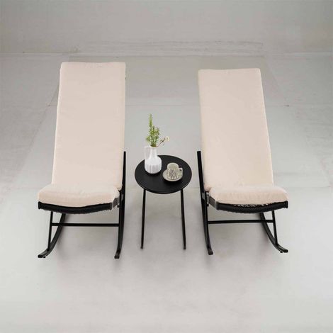 Ensemble bistrot 3 pièces en rotin PE avec fauteuils à bascule, table en métal et coussins lavables pour jardin, terrasse et patio