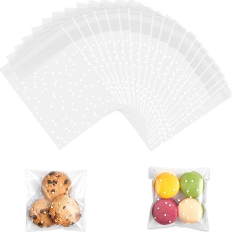 Lot de 100 petits sacs en cellophane tanspaent autocollants pou bonbons, bijoux, chocolat, biscuits, fête, maiage (pois blancs, 10 x 10 cm)