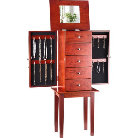 Armoire à bijoux sur pied en bois, coffre rangement à bijoux avec 4 tiroirs, miroir rabattable, 4 compartiments rangement supérieurs, poignées, 2 portes latérales avec 16 crochets pour colliers (1/5)