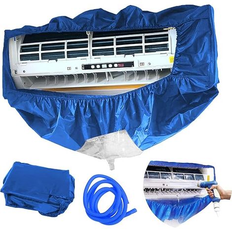 Kit de nettoyage pour climatisation split mural - Protection contre la poussière, sac de nettoyage imperméable, de avec tuyau d'eau de trois mètres - Parfait pour maison, bureau et hôtels (Bleu) (1/5)