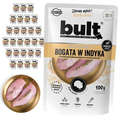 Cibo umido per cani BULT, confezione da 30 bustine da 100 g, formato completo, al gusto tacchino. (1/2)