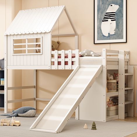 Lit mezzanine enfant en bois 90×200cm avec étagères et toboggan, lit cabane, antichute, sans matelas, blanc (1/5)