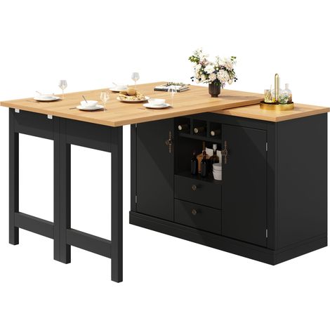 Modernluxe – Meuble bar extensible 180x79.5x71.5cm – rotation 360° – 2 tiroirs – 2 portes – 3 casiers à vin – MDF noir