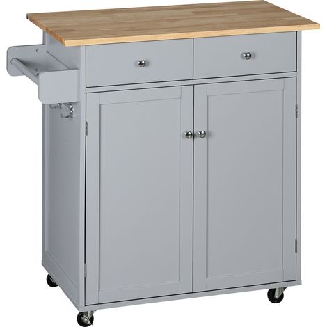 Rolling Kitchen Islon Wheels, Utility Serving Cart with Rubber Wood Top, Towel Rack, Hooks Storage Drawers, Grey (1/5)
