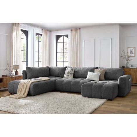 Bobochic – Canapé panoramique convertible coffre – 5 places – Tissu chiné gris foncé – Style moderne – Longueur 370 cm – Largeur 200 cm (1/5)