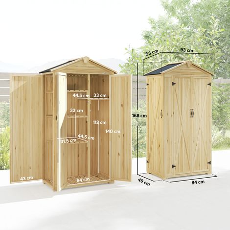Armoire de jardin à 3 portes, 4 étagères et crochets, en épicéa, 93x53x168cm, aspect bois. (1/5)