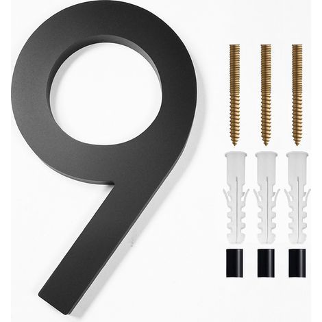 Modern brushed metal door number plaque - 5 inches, 125 mm high, black (No. 9) (1/5)