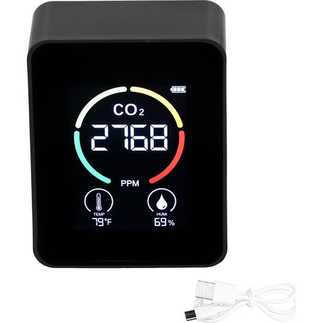Détecteur de gaz CO2 à semi-conducteur, charge USB, écran LCD température humidité, moniteur qualité air, noir.