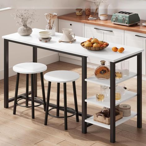 Ensemble table de bar 3 pièces noir table haute à 3 étagères + 2 tabourets pour bureau et petits espaces (1/5)
