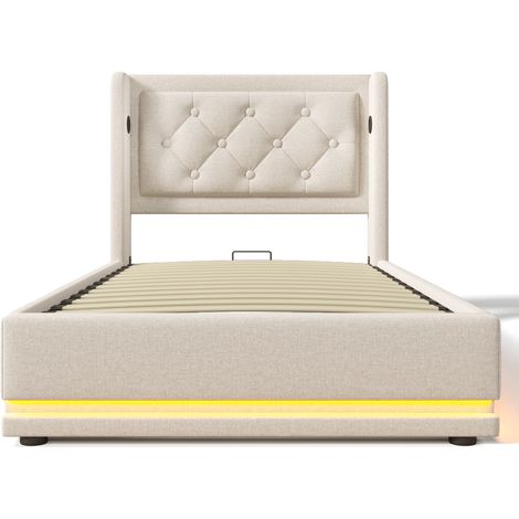 Lit simple rembourré 90200 cm, lit coffre hydraulique en coton beige, tête de lit rembourrée avec fonction de charge USB Type-C, fonction LED sur 3 côtés (sans matelas) (1/5)