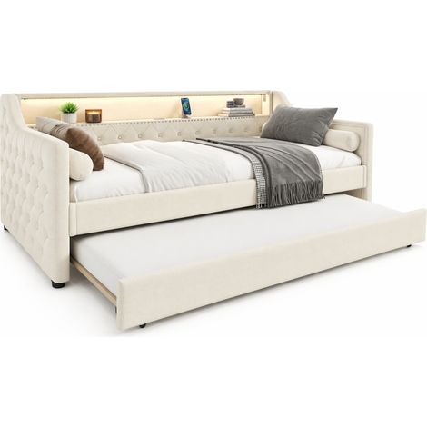 Canapé-lit 90 x 200 cm avec LED, lit gigogne, USB, sommier à lattes, tissu beige, pour chambre, bureau ou petit espace, 3 colis, moderne - CHICFURN (1/5)