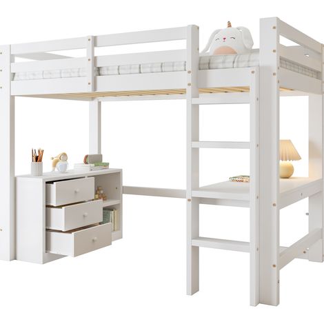 Lit mezzanine enfant avec bureau, commode à tiroirs et étagère, échelle 4 marches, pin MDF, blanc, 90x200, chambre enfant, matelas non inclus (1/5)