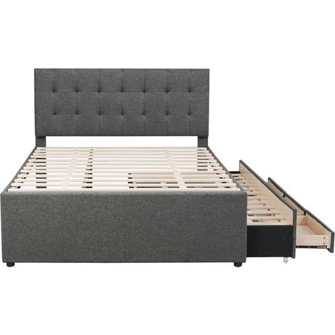 Lit double 140x200 rembourré en lin gris avec 3 tiroirs - 2 places, capacité 200 kg (1/5)